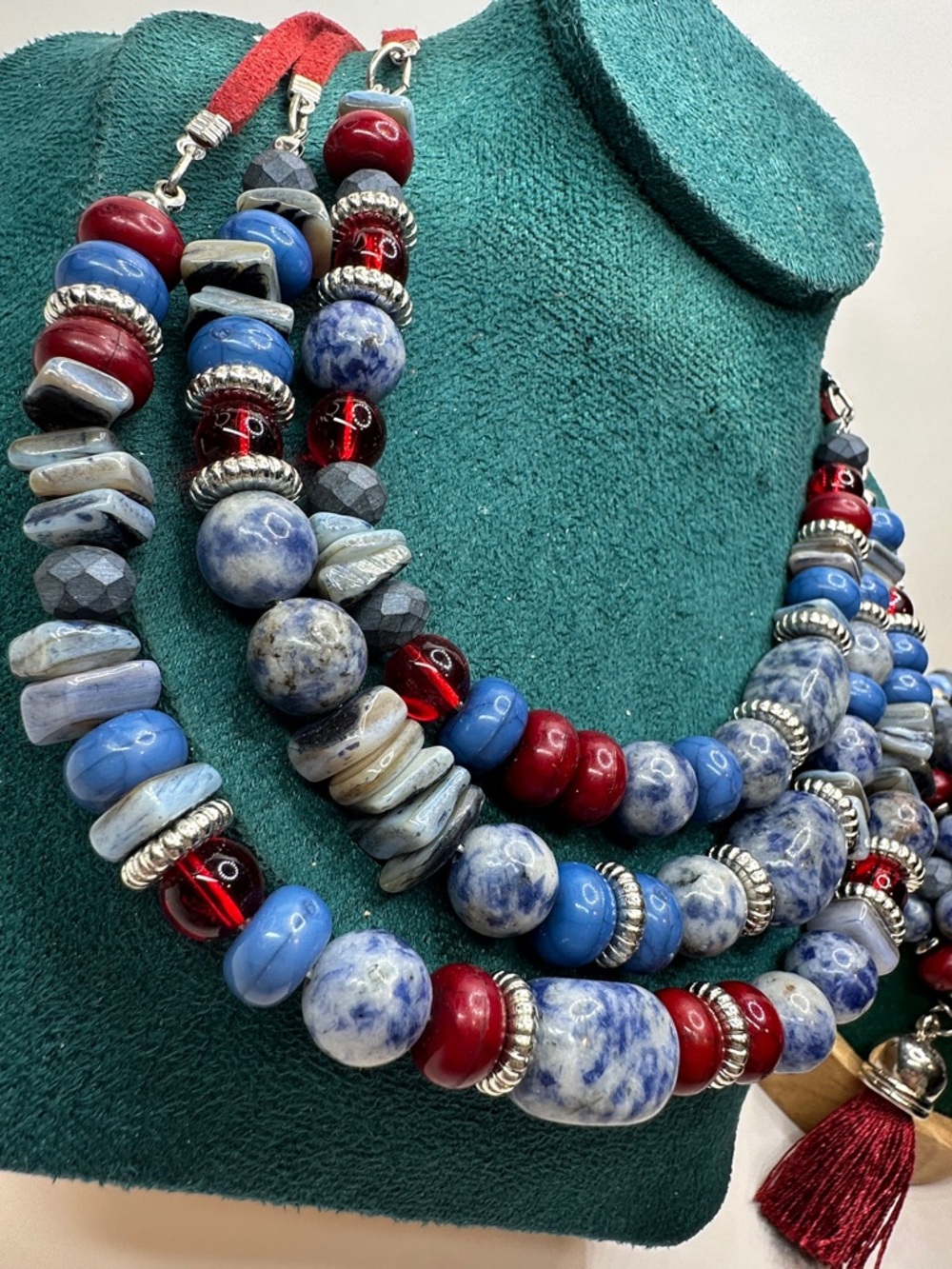Cato Multi Strand Necklace Bracelet Set Sodalite Shell Red Leather 4th Of July - Picture 5 of 13